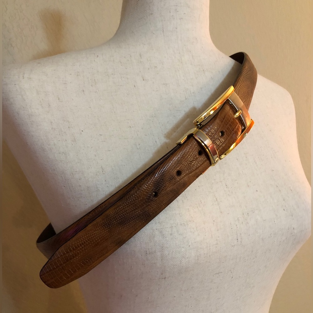 Italian Leather Belt in Cognac w/ Gold & Silver Buckle. NWT. Size- 44